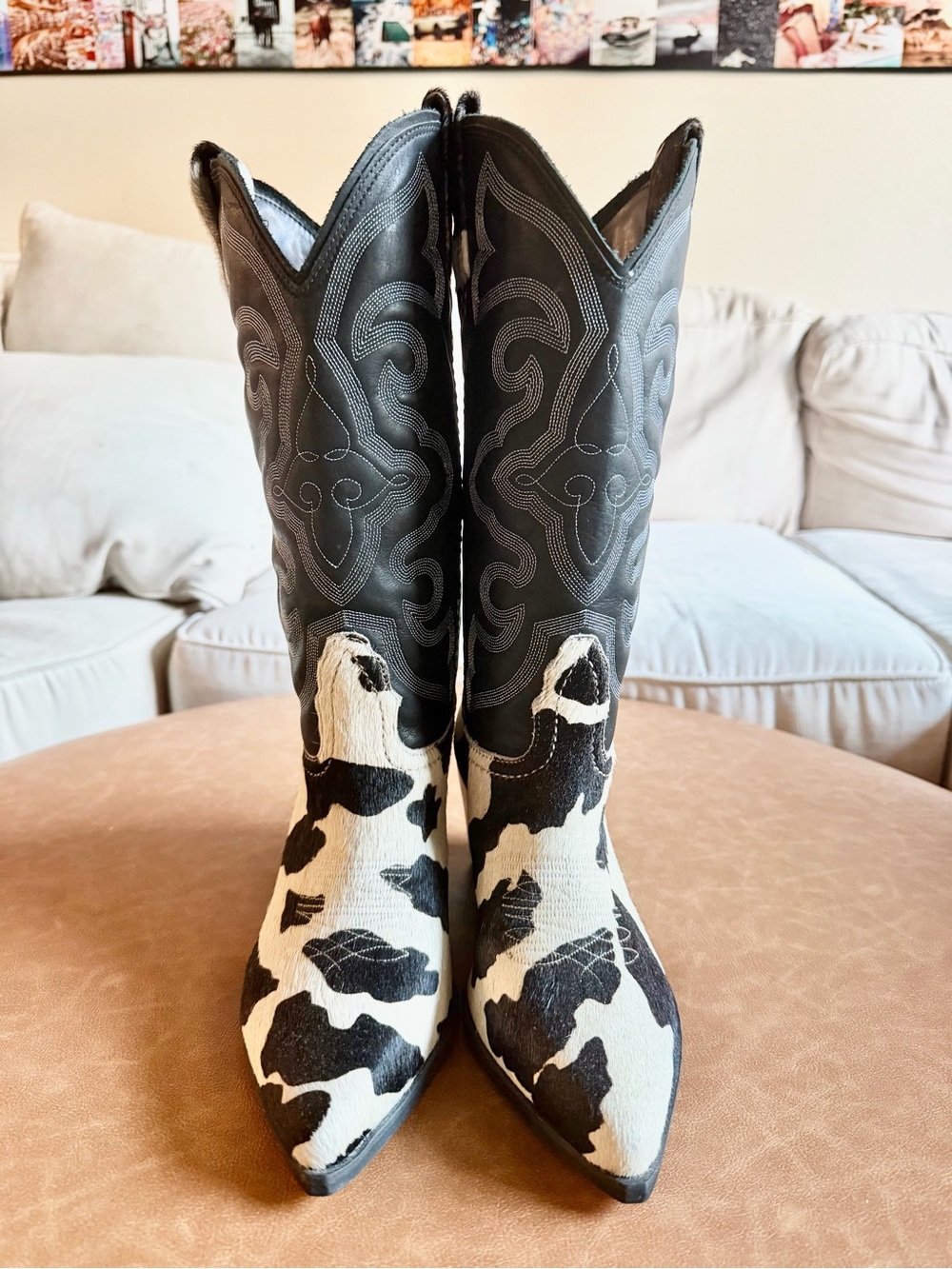 NWOT Steve Madden West Black White Pull On Block Heel Cowhide Cowboy Boot - Picture 3 of 12